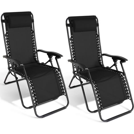 Idmarket – Lot de 2 fauteuils de jardin inclinables – 3 positions – Structure en acier – Toile textilène noire – Coussin appuie-tête 6cm