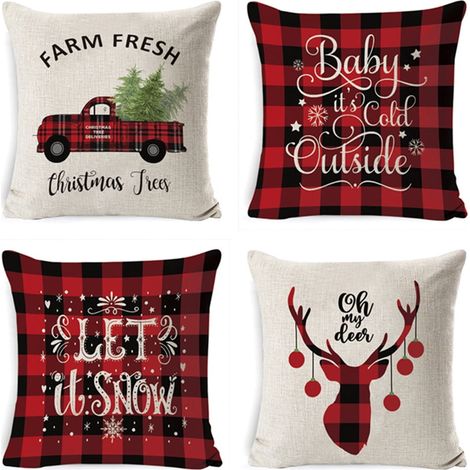 Housses de coussin de Noël 18x18 lot de 4 rouge camion à carreaux décoration de Noël noir et rouge taies d'oreiller décoratives (1/5)