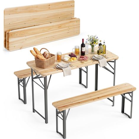 COSTWAY Set Birreria 3 Pezzi Pieghevole Tavolo E Panche Da Giardino Picnic Pieghevole Tavolo E Sedia Da Campeggio Picnic Set Da Esterno Mobile Da Giardino 3 P (1/5)