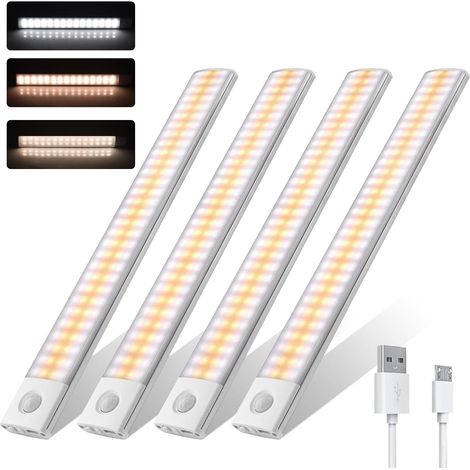 4pcs Lampe Detecteur de Mouvement Interieur Lumiere Led Sans Fil Reglette Cuisine Escalier sous Meuble Rechargeable USB Placard Avec Détecteur Lumière Armoire Eclairage Réglette Intérieur 60LED 30cm (1/5)