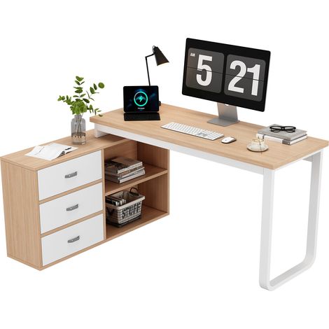 Bureau simple, bureau professionnel avec trois tiroirs et deux étagères ouvertes, structure en tube d’acier massif, plateau large et épais, capacité de charge élevée, finition naturelle