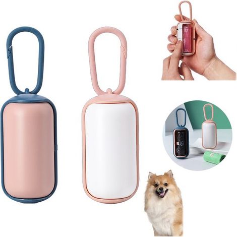 Lot de 2 distributeurs de sacs à déjections canines avec mousqueton - Taille universelle (8,4 x 4,3 cm) - À attacher à la laisse - Léger - Rose et bleu (1/4)