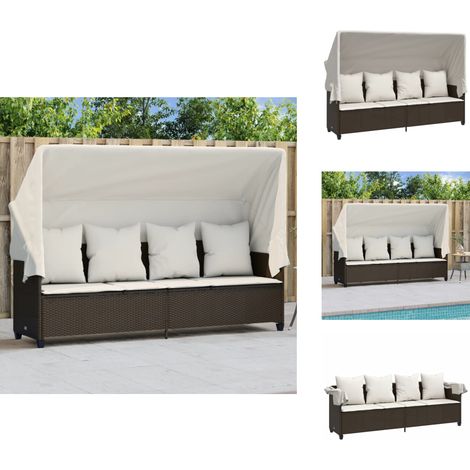 The Living Store Chaise longue avec auvent et coussins marron résine tressée - Bain de soleil avec auvent (1/5)