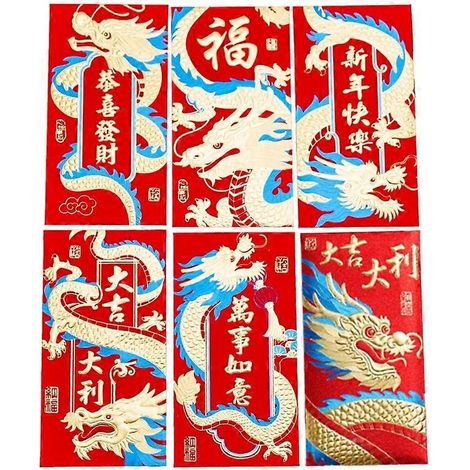 rote Glücksumschläge zum Chinesischen Neujahr, Drachenmotiv, Papiergeldtaschen, Glückstüten, 7er-Packung