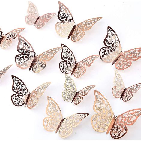 Adhesivos 3D Para Pared Mariposa - 24 Unidades en 3 Tamaños (12 cm 10 cm 8 cm) - Decoración para Habitación Fiesta Boda - Dorado Rosa (1/5)