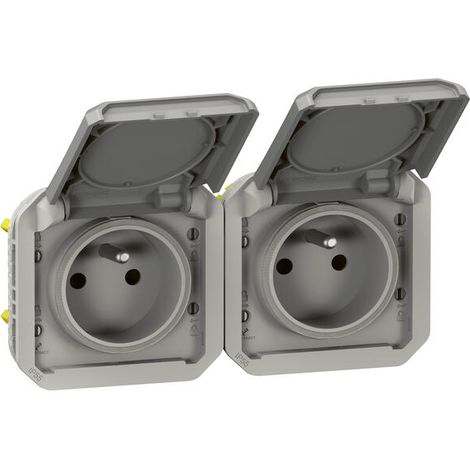 Prise de courant double 2P+T horizontale PLEXO avec enjoliveurs gris - LEGRAND - 069562L