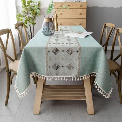 Nappe rectangulaire en coton et lin lavable avec pompons, nappe de jardin pour table basse, table à manger, vert (140 x 180 cm) (1/5)