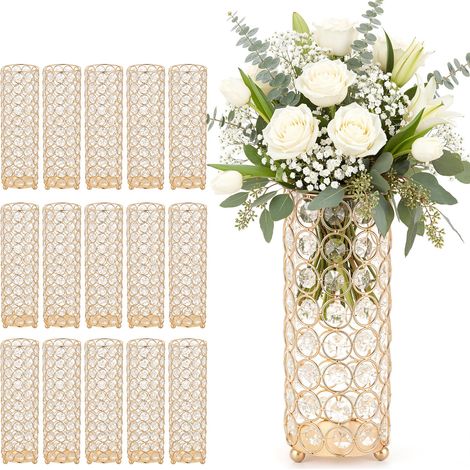 Vase de Mariage Métal Lot de 16 Vase de Centre de Table Hauteur 26 cm Support Cylindrique pour Compositions Florales, Banquets de Fêtes Mariage, Décoration Intérieure, avec Perles Cristal, Doré (1/5)