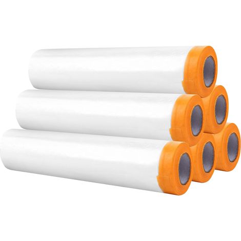 Pack de 6 rollos de film de enmascarar con cinta adhesiva, 180 cm x 10 m, film protector de polietileno transparente con reverso amarillo, para proteger contra el polvo, pintar paredes