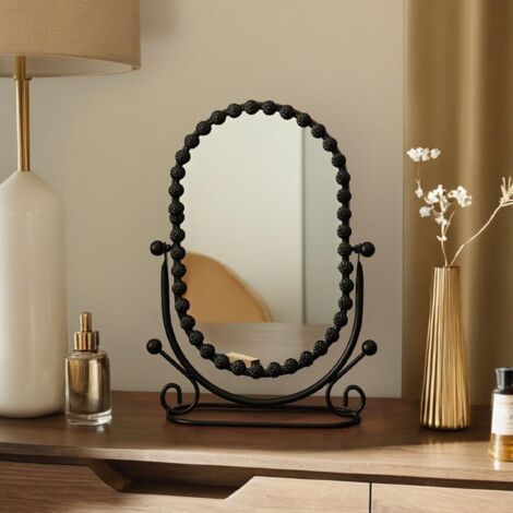 Miroir de bureau ovale sur pied avec cadre en métal pour salle de bain ou chambre à coucher (noir) (1/4)
