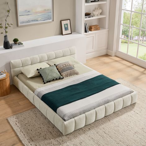 Doppelbett 140x200cm Polsterbett Lattenrost Samtkopfteil Stoffbezug moderner minimalistischer Stil Beige