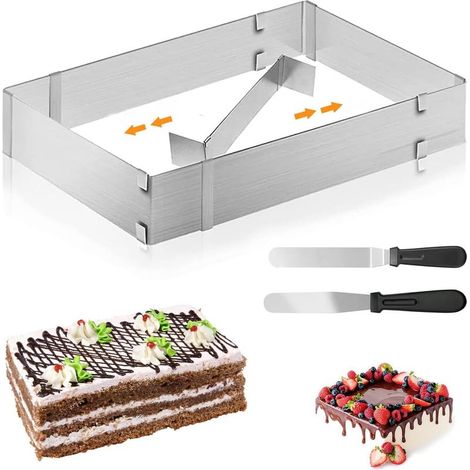 Cadre Patisserie Rectangulaire, Moule Rectangulaire Patisserie, Cadre Patisserie Extensible avec 2 Spatule Réglable Moule Gateau Carré pour petits et grands gâteaux et tartes