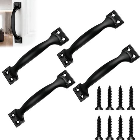 Lot de 4 Poignées de Porte 143mm Noir avec 16 Vis, Poignée de Portillon pour Clôture en Bois, Grange, Placard, Meuble, Usage Intérieur et Extérieur (1/5)