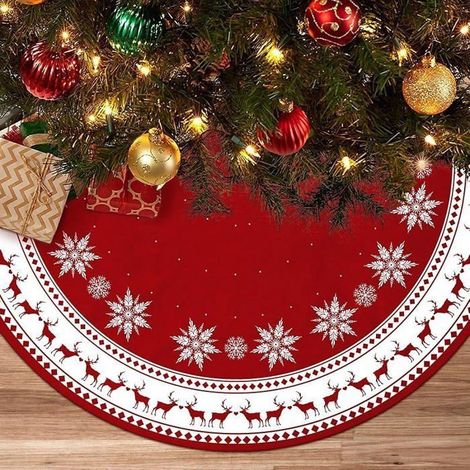 Cache-pied de sapin de Noël en polyester - KAGOLOW - 122 cm - Motifs de rennes et de flocons de neige (1/5)