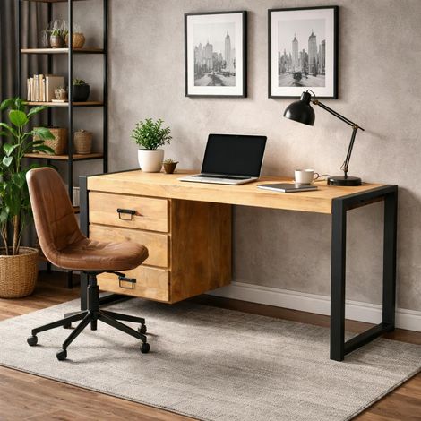 Bureau 3 tiroirs bois clair et structure métal MILORA (1/5)