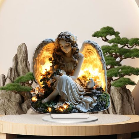Angel - Acrylic Tabletop Ornament - 2D Flat Figurine with Glowing Wings and Floral Bird Design - Home Desk Decor - 1 Piece (1/5)