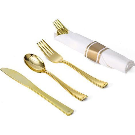 Juego de 25 cubiertos de plástico dorado，que incluye servilletas，servilletas preenrolladas y cubiertos，ideal para el Día de San Valentín (1/5)