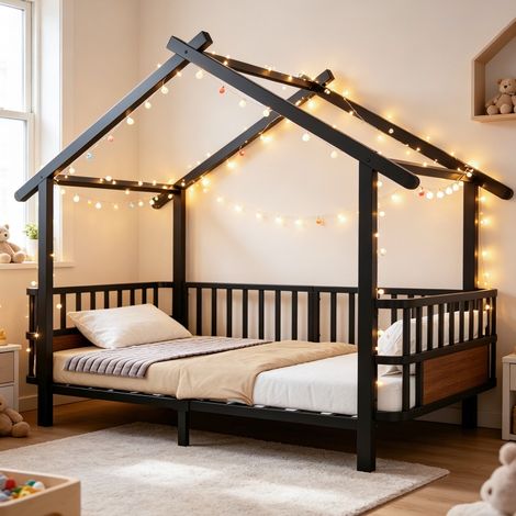 Hausbett 90x200 Kinderbett Hausform aus Metall mit Rausfallschutz und Dachdesign, stabiles Metallbett für Jungen und Mädchen, Schwarz (1/5)