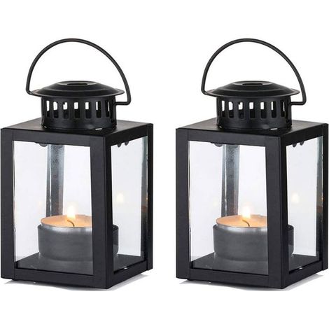 Lanterne à bougie de jardin, 2 petites lanternes suspendues de style vintage, bougie chauffe-plat noire