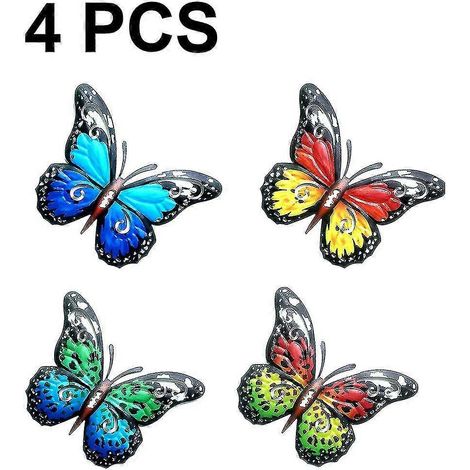 Papillons muraux en métal, papillons 3D en métal, lot de 4, pour salle de bain, salon, chambre, véranda, terrasse, jardin, cour, clôture (1/4)