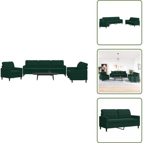 3-Sitzer-Sofa - vidaXL 3-tlg. Sofagarnitur mit Kissen Dunkelgrün Samt - 2-Sitzer-Sofa