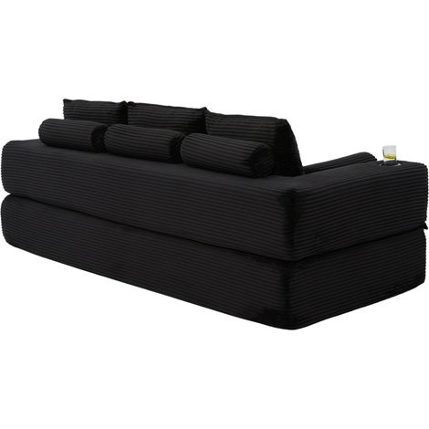 Sofá cama plegable de 3 plazas en pana negra, espuma y muelles, con bolsillos y portavasos (1/5)