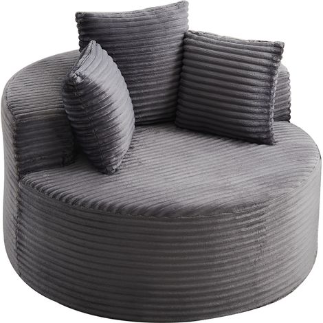Poltrona singola rotonda in velluto a coste grigio da 110 cm con 3 cuscini decorativi (1/5)