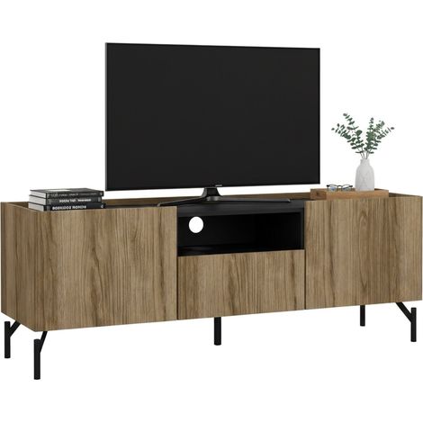 Dmora - Mobile porta TV Duchi, Credenza da soggiorno, Armadio basso per TV, Base parete attrezzata, 147x41 h54 cm, Quercia e Nero