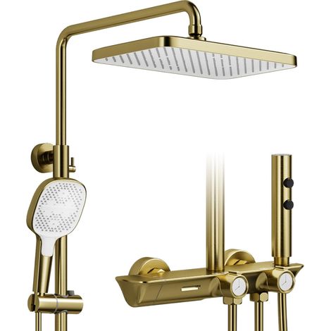 Colonne de douche,Or brossé Colonne de douche thermostatique,Ensemble de colonne de douche 4 en 1 avec grande pomme de Douche à effet pluie de 320 x 220 mm,Douche à effet pluie avec accessoires (1/5)