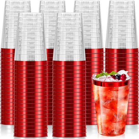50er-Packung Partybecher aus Hartplastik mit rotem Rand, 340 ml/12 oz, wiederverwendbare Trinkbecher, elegante Party-Weingläser für Partys, Geburtstage, Hochzeiten und Camping (1/5)