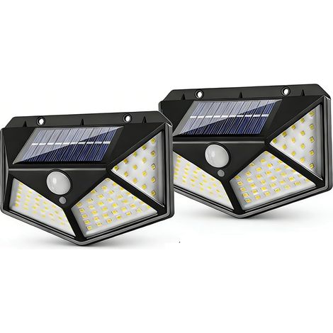Lot de 2 Lampe Solaire Extérieur avec Détecteur de Mouvement, 100 LED Lumiere Solaire Exterieur IP65 Etanche éclairage, Spot Solaire Extérieur pour Jardin, 3 Modes, Angle 270°, Batterie 800mAh (1/5)
