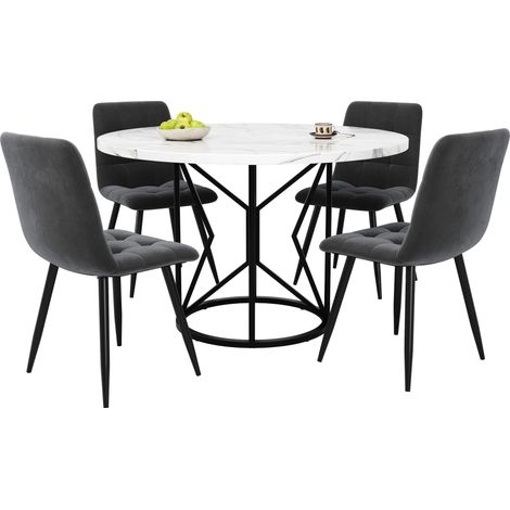 Ensemble de salle à manger et chaises (5 pièces), comprenant 4 chaises + table à manger ronde de 100 cm, chaises de salle à manger grises en velours. (1/5)