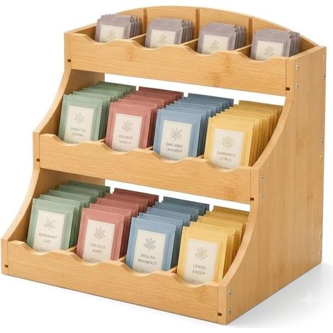 Étagère à thé debout en bambou,Étagère à épices debout,Étagère à goudron verticale en bois avec 12 compartiments de rangement, Pour cuisine, bureau, paquets de sucre - 30,7 x 25 x 20,5 cm (1/5)