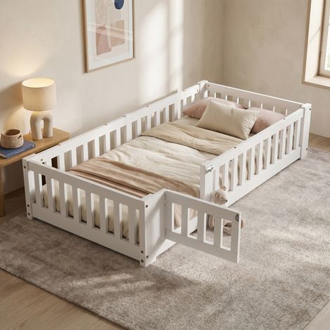 Lit simple 80x160 cm, lit au sol montessori avec barrières et porte amovible, lit enfant, sommier inclus, bois, Blanc
