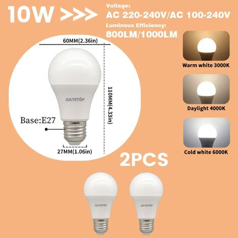Lampes de croissance pour plantes (Lot de 2, lumière du jour 4000K, AC220-240V) Ampoules LED E27 10W équivalent à des ampoules à incandescence de 100W, ultra-lumineuses pour le salon (1/5)
