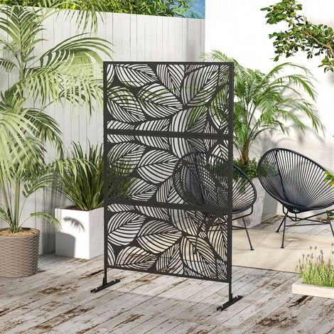 Pannello decorativo per esterni, nero con motivo vegetale, in acciaio - 122 x 45 x 198 cm, nero