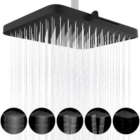 Pomme de douche à effet pluie 5 modes de pulvérisation, pommeau de douche haute pression de 33 cm, pommeau de douche carré intégré, rotule pivotante réglable, expérience de douche luxuriante (1/5)