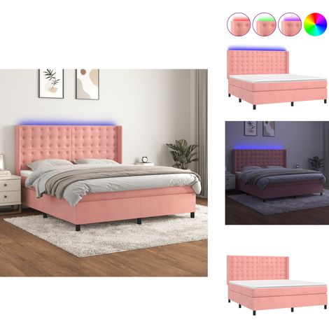 Sommier à lattes de lit matelas et LED Rose 180x200 cm Velours - Lit Plateforme - Lit Capitonné - Lit Design - Lit Double - Lit Rose (1/5)