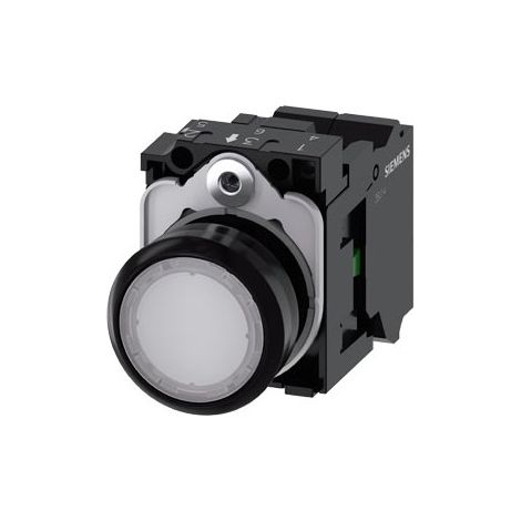 Pulsante luminoso, 22 mm, rotondo, in plastica, bianco, pulsante, piatto, a contatto momentaneo, con supporto, 1NO, modulo LED con LED integrato 24 V AC/DC