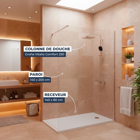 Pack Douche Complet – Paroi Walk-In 140x200 Chrome + Colonne Grohe Vitalio 2 Jets + Receveur Marbre Coulé Blanc 140x80 (SAT140C8 (1/5)