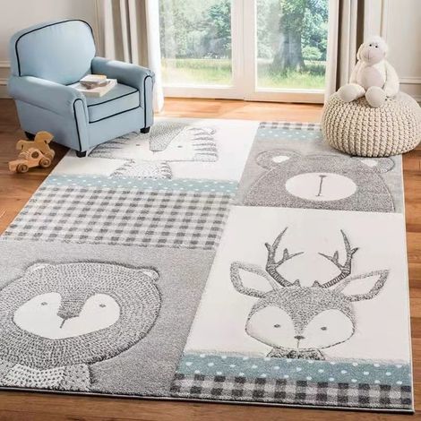 Tapis Enfant Carousel 80x120cm Motif Animal Gris Ivoire Salon Chambre Crèche Résistant à lUsure Facile à Nettoyer (1/4)