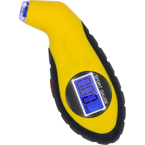 Manomètre numérique de pression des pneus, poignée antidérapante portable, écran LCD rétroéclairé, embout léger, universel pour voitures, vélos et motos (Jaune) (1/5)