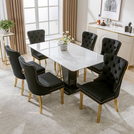 Sedia da pranzo in velluto nero con base in acciaio inox dorato, 50,5 x 45 x 95 cm, schienale con anello decorativo (1/5)