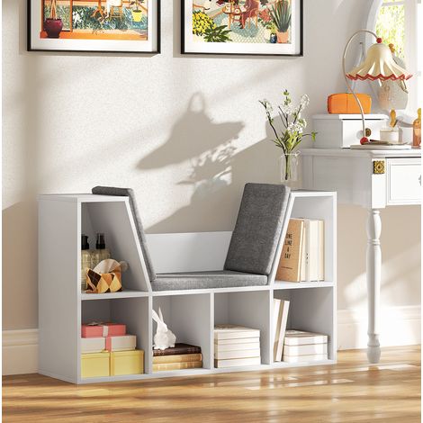Bibliothèque avec coussin, meuble de rangement à 6 compartiments, blanc, 105 x 30 x 63 cm, OKWISH (1/5)