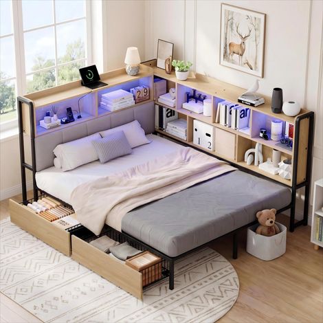 , Canapé-lit/lit capitonné 140x200 avec éclairage LED,  station de charge USB et Typeec,  lit de jour/lit enfant avec 2 tiroirs et sommier à lattes métalliques...