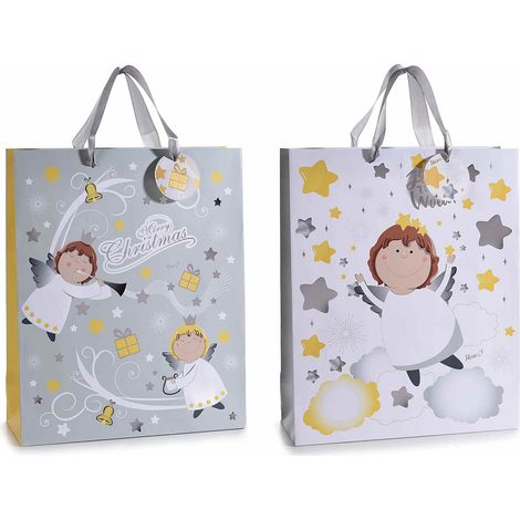 Sacchetti angeli di natale in carta con dettagli dorati e manici in raso, set da 24 pezzi, cm 26 x 10 x 32 H