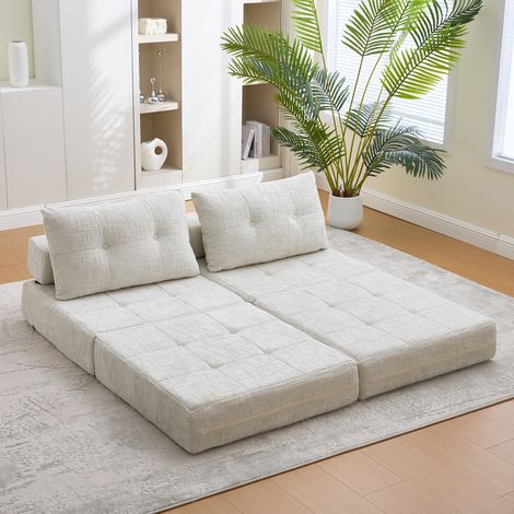 Klappbares Schlafsofa mit Rückenlehne, Kopf- und Lendenkissen, Hochdichter Schaum, Chenille Beige