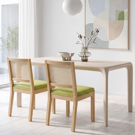 Lot de 2 Chaises Bois Massif et Cannage Vert Olive - Chaise rétro mid-century - Chaise de Cuisine Confortable avec Ressorts (1/5)
