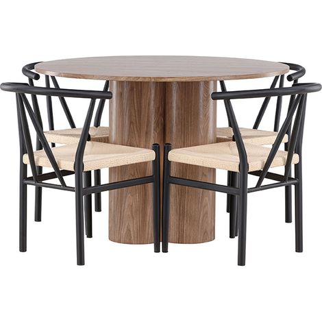 Olivia Essgruppe Tisch Ø110cm und 4 Stühle mit Armlehnen stapelbar braun.