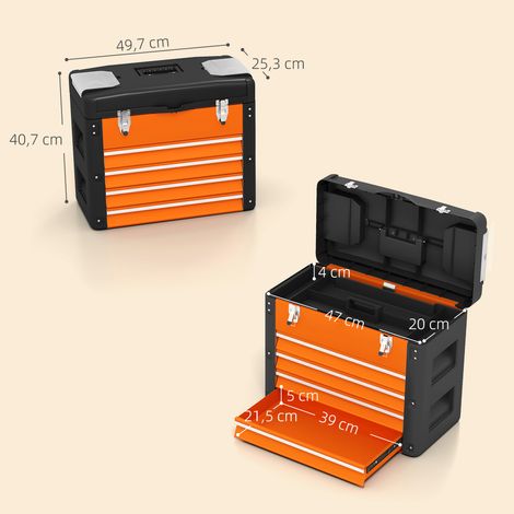 Werkzeugkiste leer, 49,7 x 25,3 x 40,7 cm Werkzeugkasten mit 4 Schubladen, Mini-Box Stahl Orange (1/5)